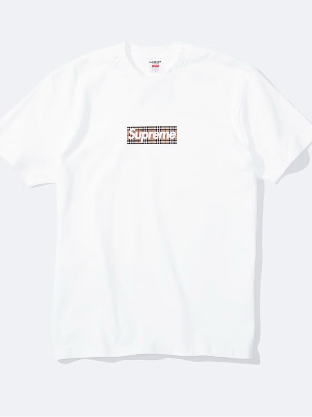 Supreme White Tee with Beige Plaid Box Logo
